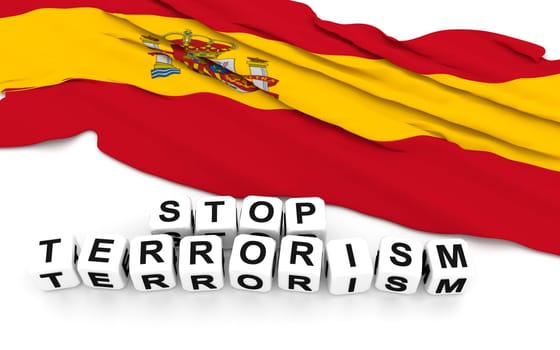 Spanish flag and text stop terrorism. 3D rendering.