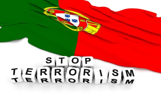 Portuguese flag and text stop terrorism. 3D rendering.