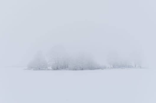 The village drowned in the fog and snow