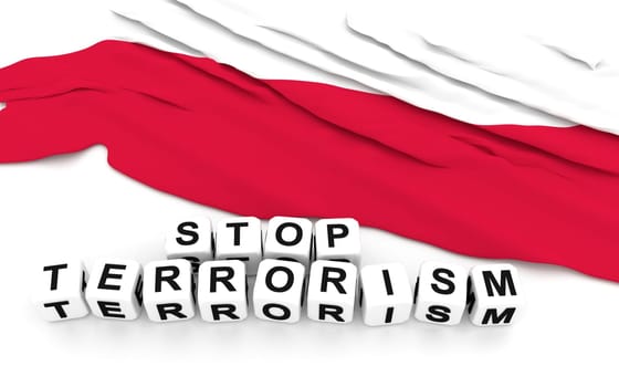 Polish flag and text stop terrorism. 3D rendering.