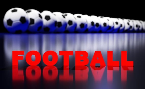 Several football balls and text football on the dark background with reflections. 3D rendering.
