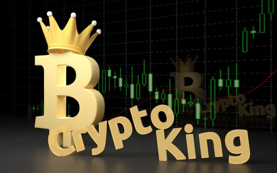 Bitcoin currency sign and text CryptoKing on the dark background. 3D rendering.
