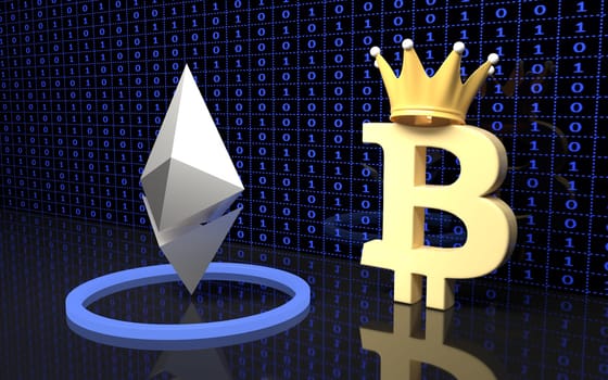 Bitcoin and Ethereum currency signs. 3D rendering.
