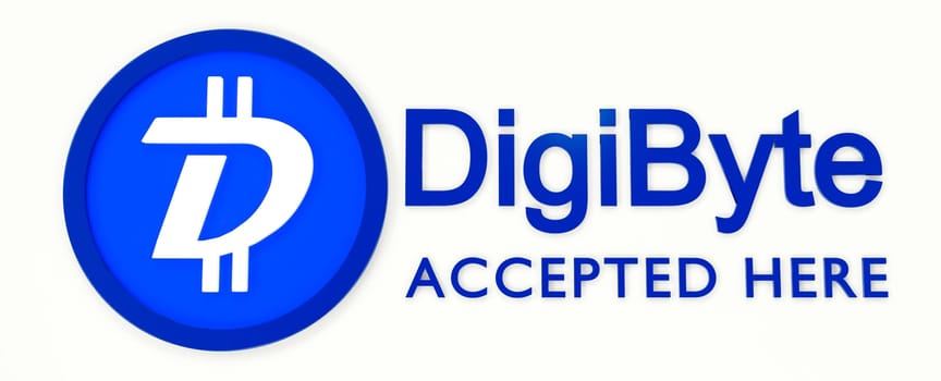 We accept DigiByte. 3D rendered DigiByte logo and text.