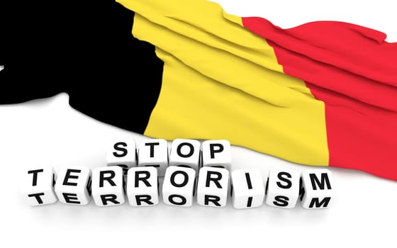Belgian flag and text stop terrorism. 3D rendering.