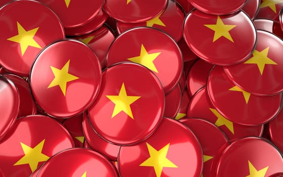 Vietnam Badges Background - Pile of Vietnamese Flag Buttons. 3D Rendering