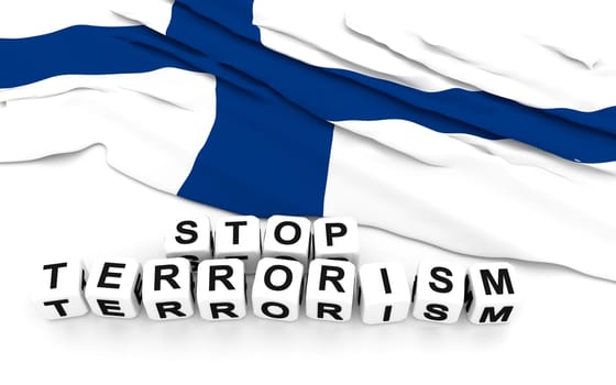 Finland flag and text stop terrorism. 3D rendering.