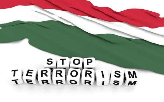 Hungarian flag and text stop terrorism. 3D rendering.