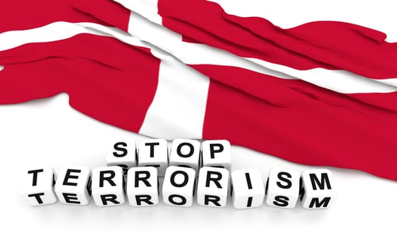 Danish flag and text stop terrorism. 3D rendering.
