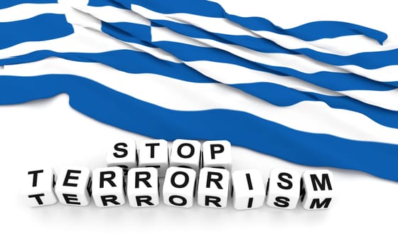 Greek flag and text stop terrorism. 3D rendering.