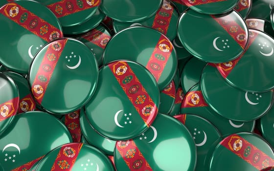 Turkmenistan Badges Background - Pile of turkmen Flag Buttons. 3D Rendering