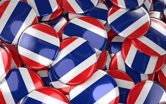 Thailand Badges Background - Pile of Thai Flag Buttons. 3D Rendering