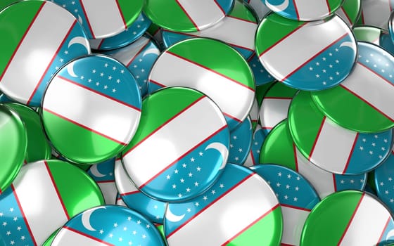 Uzbekistan Badges Background - Pile of Uzbek Flag Buttons. 3D Rendering