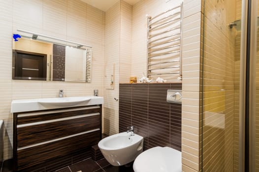Russia, Moscow- July 23, 2019: interior room apartment. standard repair decoration in hostel. bathroom and toilet