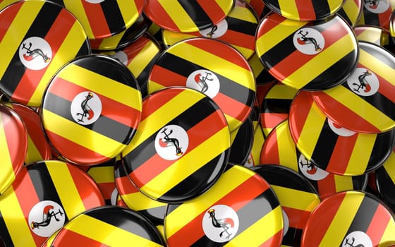 Uganda Badges Background - Pile of Ugandan Flag Buttons. 3D Rendering
