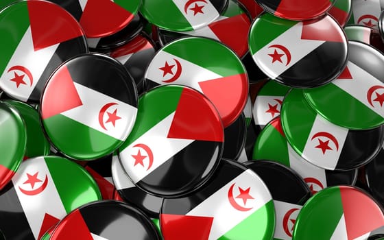 Western Sahara Badges Background - Pile of Western Sahara Flag Buttons. 3D Rendering
