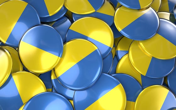 Ukraine Badges Background - Pile of ukrainian Flag Buttons. 3D Rendering