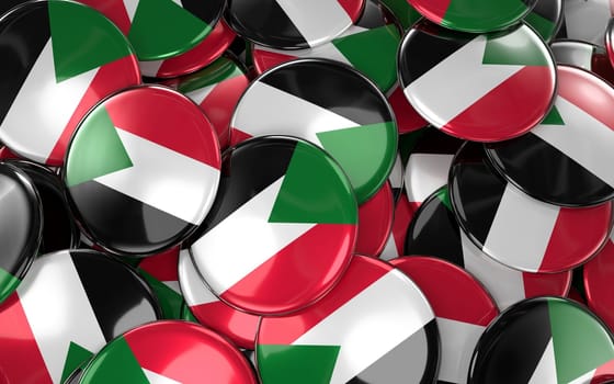 Sudan Badges Background - Pile of Sudanese Flag Buttons. 3D Rendering