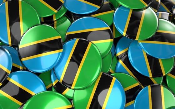 Tanzania Badges Background - Pile of Tanzania Flag Buttons. 3D Rendering