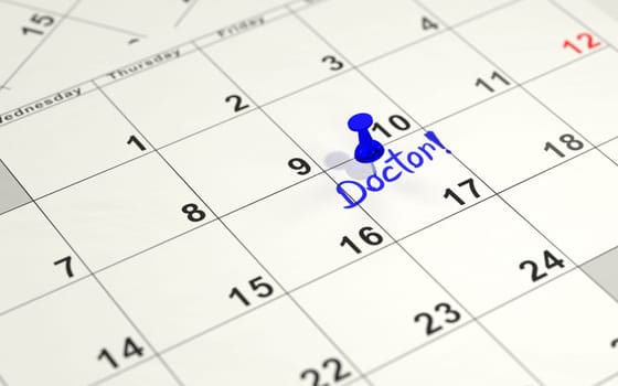 Blue pin marking the 17th on a calendar. 3D rendering.