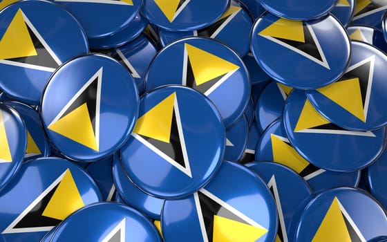 Saint Lucia Badges Background - Pile of Saint Lucian Flag Buttons. 3D Rendering