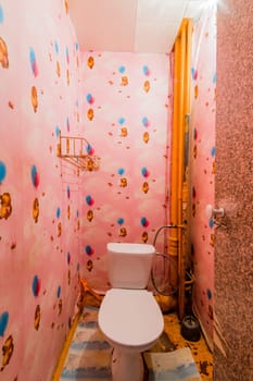 Russia, Moscow- July 23, 2019: interior room apartment. standard repair decoration in hostel. bathroom and toilet