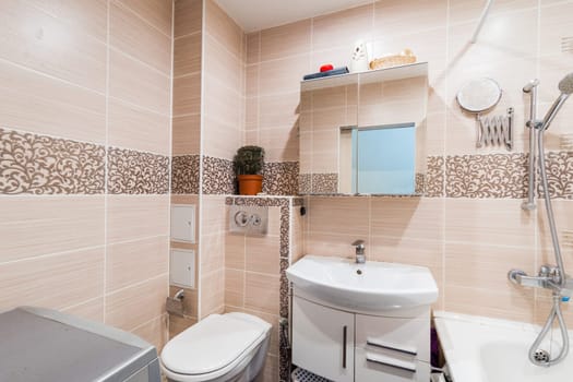 Russia, Moscow- July 23, 2019: interior room apartment. standard repair decoration in hostel. bathroom and toilet