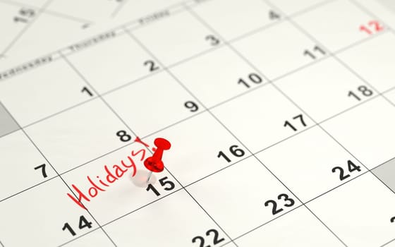 Red pin marking the 15th on a calendar. 3D rendering.