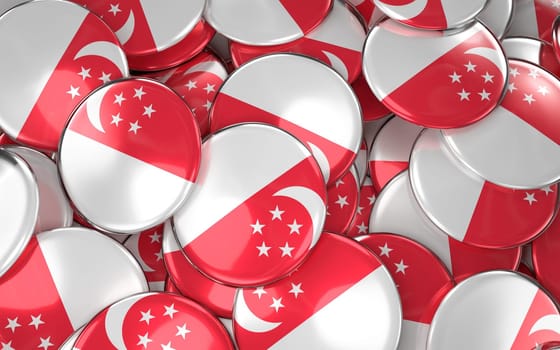 Singapore Badges Background - Pile of Singaporean Flag Buttons. 3D Rendering