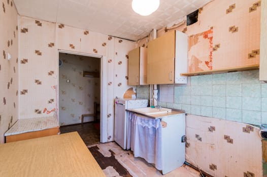 Russia, Moscow- July 23, 2019: interior room apartment. standard repair decoration in hostel. kitchen and dining room