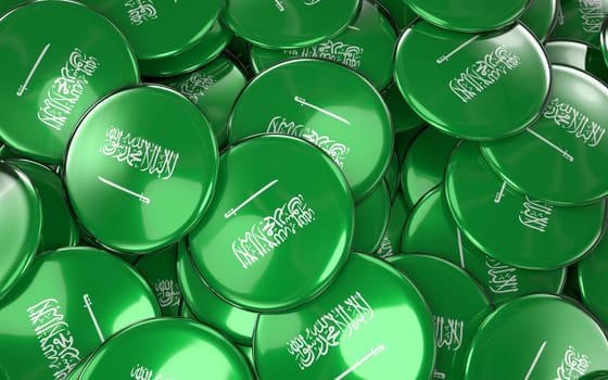 Saudi Arabia Badges Background - Pile of Arabian Flag Buttons. 3D Rendering