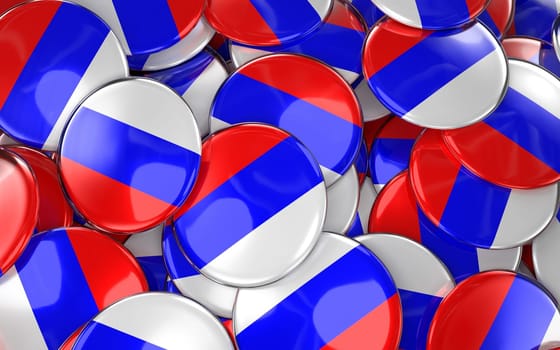 Russia Badges Background - Pile of Russian Flag Buttons. 3D Rendering