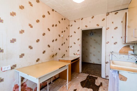 Russia, Moscow- July 23, 2019: interior room apartment. standard repair decoration in hostel. kitchen and dining room