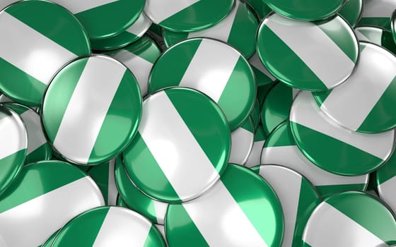 Nogeria Badges Background - Pile of Nigerian Flag Buttons. 3D Rendering