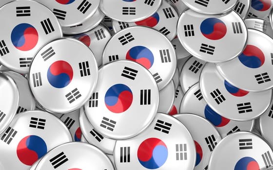 South Korea Badges Background - Pile of South Korean Flag Buttons. 3D Rendering