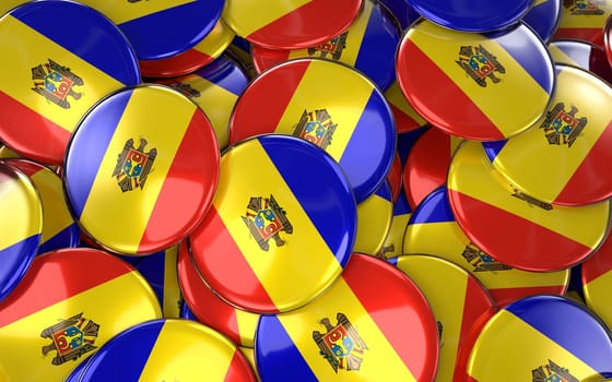 Moldova Badges Background - Pile of Moldovan Flag Buttons. 3D Rendering