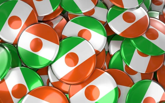 Niger Badges Background - Pile of Nigerien Flag Buttons. 3D Rendering