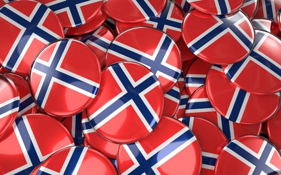 Norway Badges Background - Pile of norwegian Flag Buttons. 3D Rendering