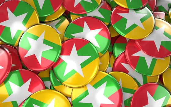Myanmar Badges Background - Pile of burmese Flag Buttons. 3D Rendering