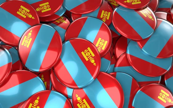 Mongolia Badges Background - Pile of Mongolian Flag Buttons. 3D Rendering
