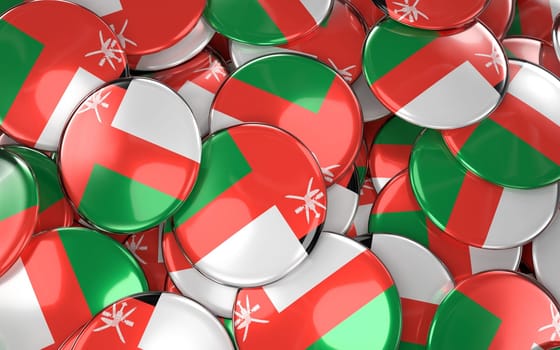 Oman Badges Background - Pile of Omani Flag Buttons. 3D Rendering