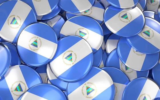 Nicaragua Badges Background - Pile of nicaraguan Flag Buttons. 3D Rendering