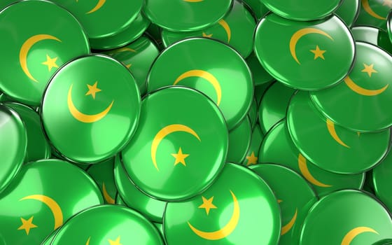 Mauritania Badges Background - Pile of Mauritanian Flag Buttons. 3D Rendering