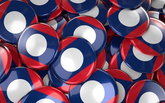 Laos Badges Background - Pile of Laotian Flag Buttons. 3D Rendering