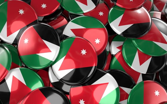 Jordan Badges Background - Pile of Jordanian Flag Buttons. 3D Rendering