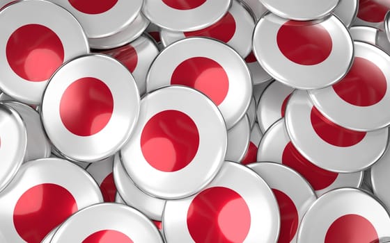 Japan Badges Background - Pile of Japanese Flag Buttons. 3D Rendering