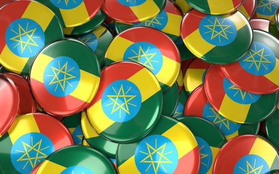 Etiopia Badges Background - Pile of Etiopian Flag Buttons. 3D Rendering