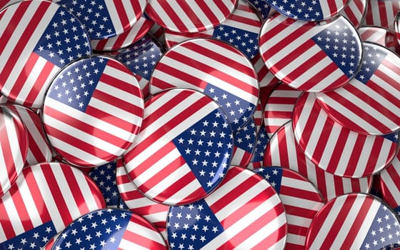 America Badges Background - Pile of American Flag Buttons. 3D Rendering