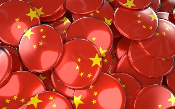 China Badges Background - Pile of Chinese Flag Buttons. 3D Rendering