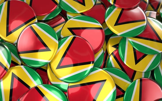 Guyana Badges Background - Pile of Guyanese Flag Buttons. 3D Rendering